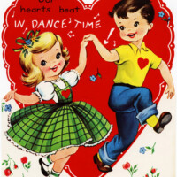 vintage dance valentine, retro children valentine, dance time valentine, free vintage heart graphic, boy and girl dance, dance clipart