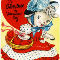 vintage greeting card graphic, retro valentine to grandma, a miller card, public domain greeting card, lamb illustration, basket of hearts