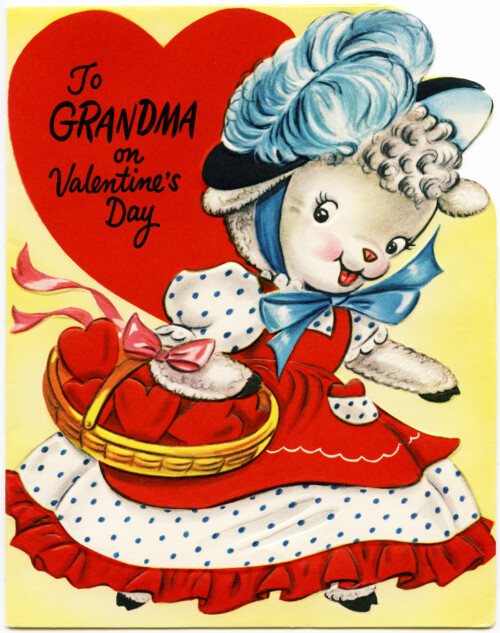 vintage greeting card graphic, retro valentine to grandma, a miller card, public domain greeting card, lamb illustration, basket of hearts 