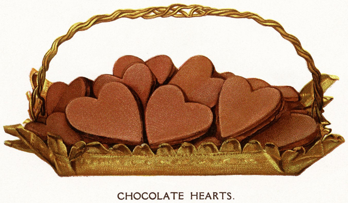 chocolate hearts, free vintage food illustration, chocolate clipart, basket of hearts, valentine clip art