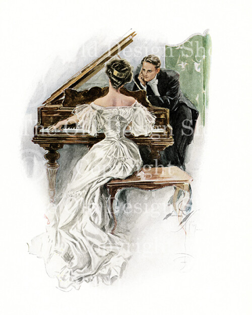 harrison fisher, I hear her sing, lady at piano, victorian couple