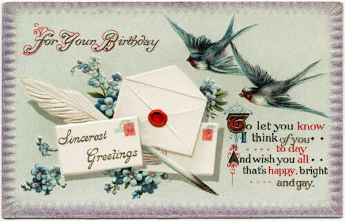 Free vintage clip art birds envelopes birthday postcard