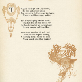 cupid's kiss, old fashioned love poem, walter learned, harrison fisher, vintage book page graphic
