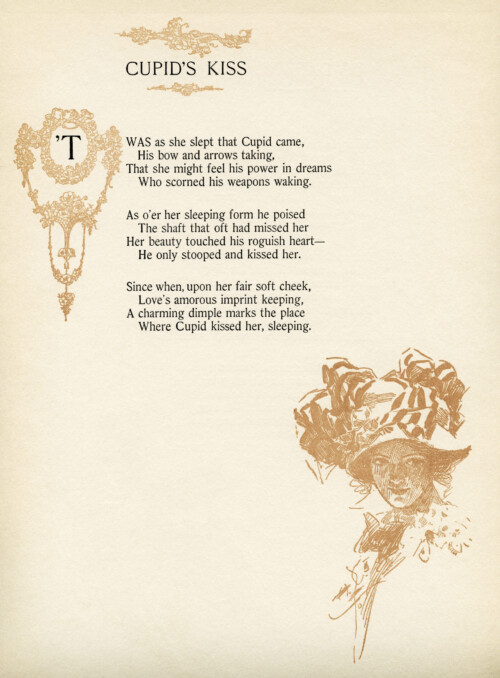 cupid's kiss, old fashioned love poem, walter learned, harrison fisher, vintage book page graphic