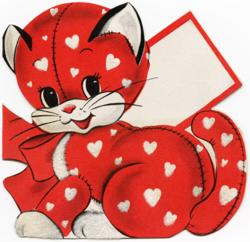 red kitten valentine, vintage valentine clip art, cat with white hearts valentine card, royalty free valentine graphic, public domain valentine image