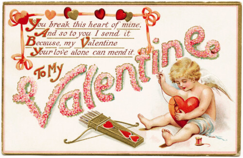 Free vintage clip art image valentine postcard cupid sewing heart