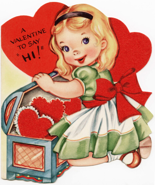 Free vintage clip art Valentine card girl finding treasure chest of hearts