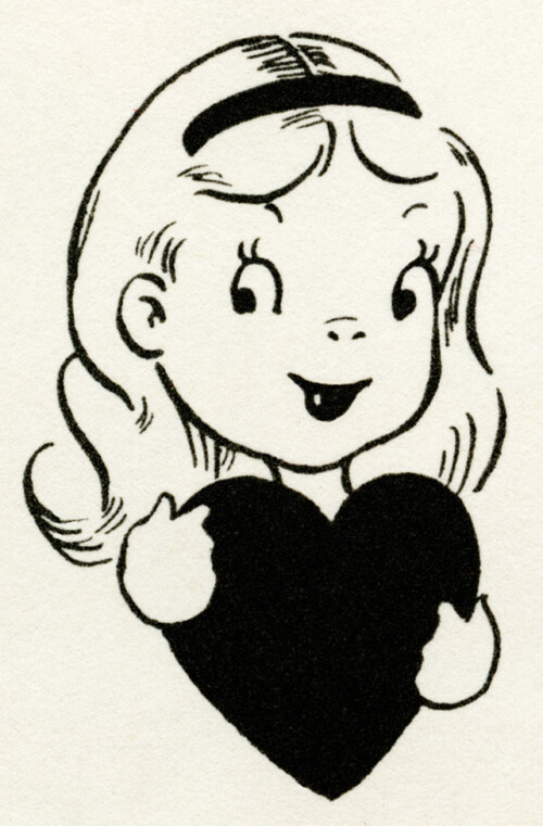 Free vintage clip art Valentine card girl holding heart