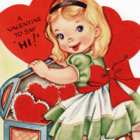 Free vintage clip art Valentine card girl finding treasure chest of hearts