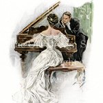 harrison fisher, the waltz, man woman dancing vintage image, I hear her sing, lady at piano, victorian couple, at the opera, group at theatre, victorian art
