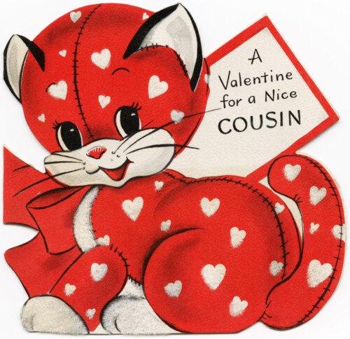 red kitten valentine, vintage valentine clip art, cat with white hearts valentine card, royalty free valentine graphic, public domain valentine image