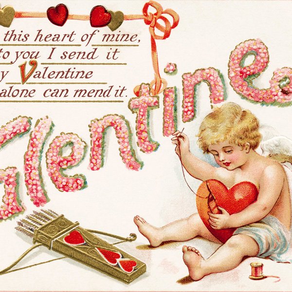 Free vintage clip art image valentine postcard cupid sewing heart