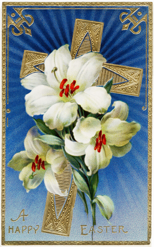 Free vintage clip art Easter lily and cross postcard image