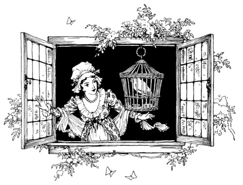 Free printable vintage illustration lady and bird at window