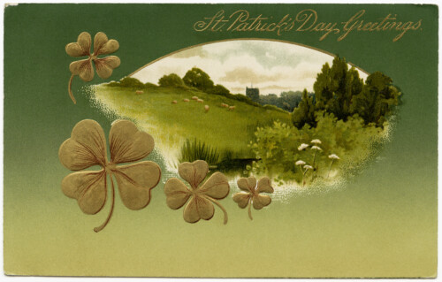 Free vintage clip art St Patricks Day postcard green meadow shamrocks