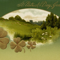 Free vintage clip art St Patricks Day postcard green meadow shamrocks