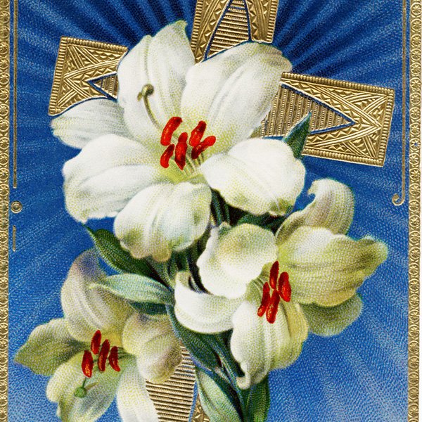 Free vintage clip art Easter lily and cross postcard image