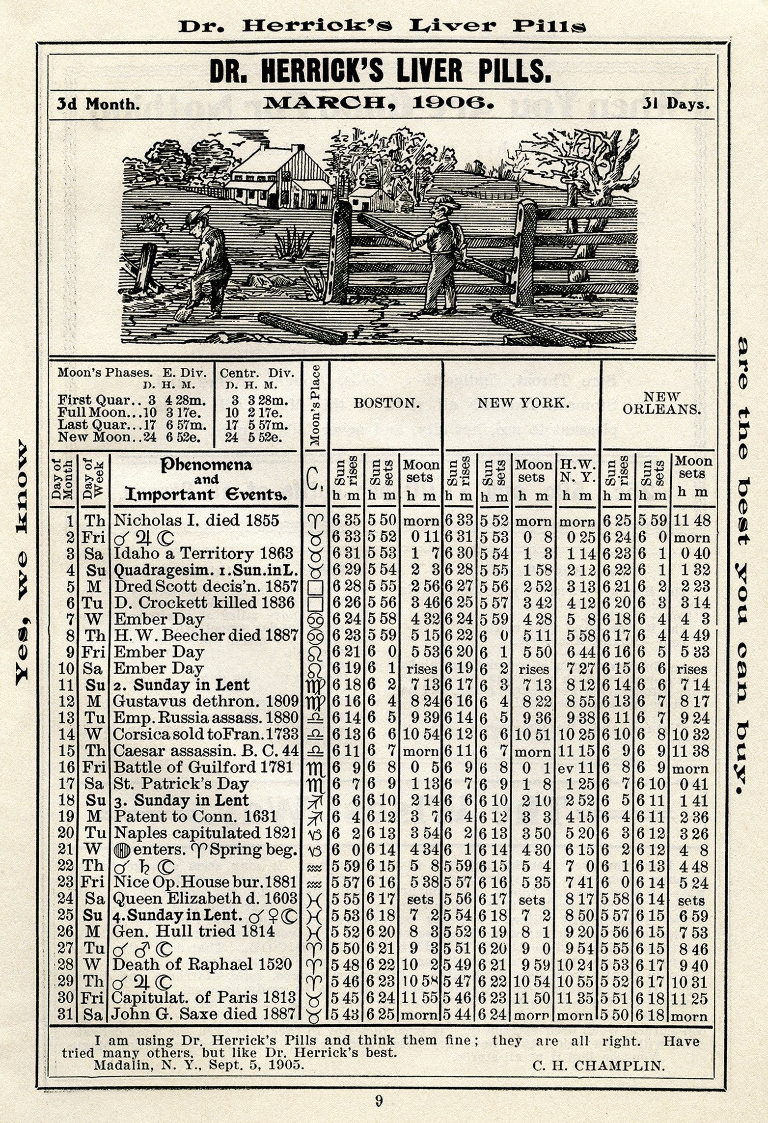 antique almanac, free digital almanac page, old book page, March 1906, herricks almanac