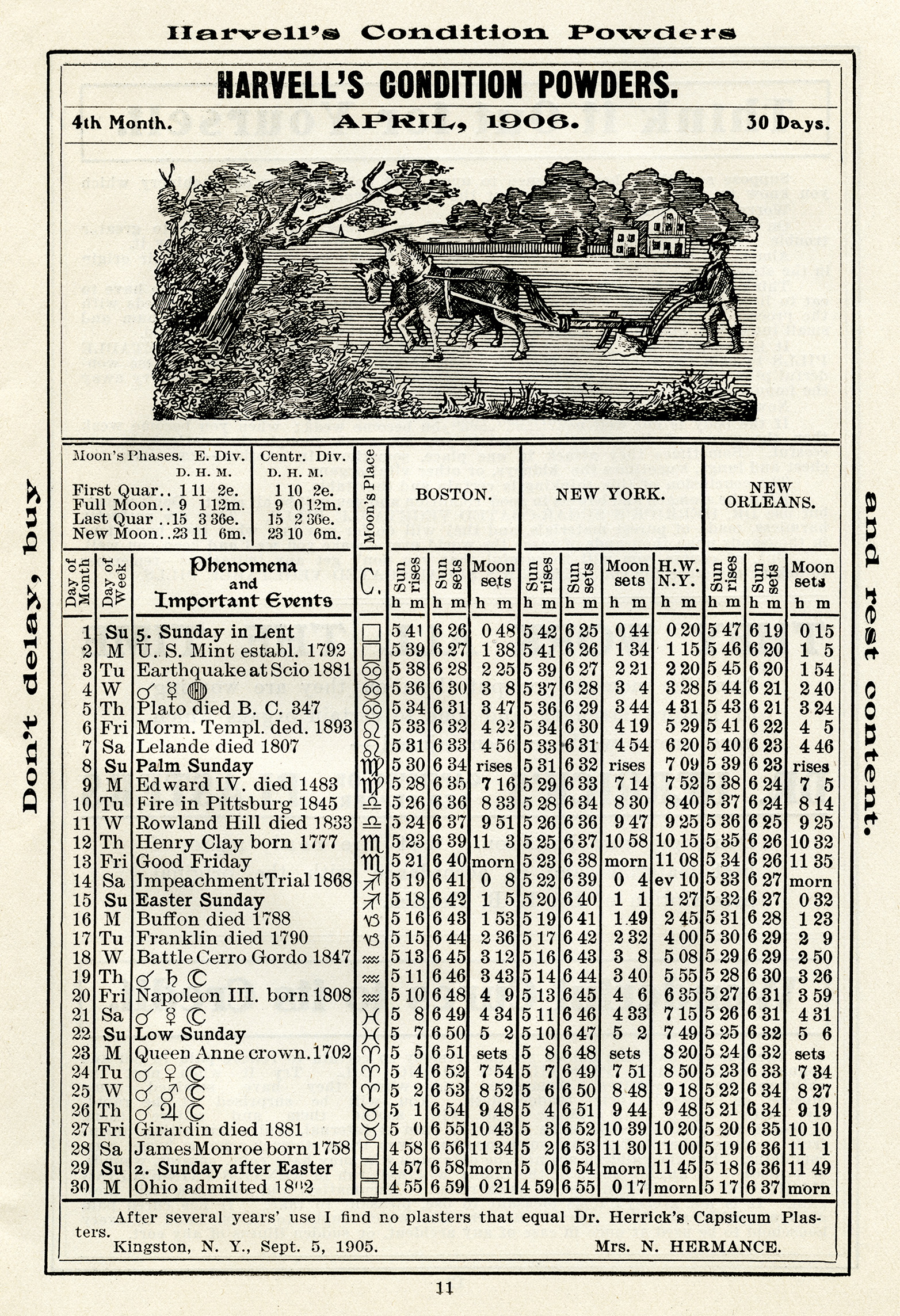 1906 almanac, important events 1906, old book page, herricks almanac, vintage printable