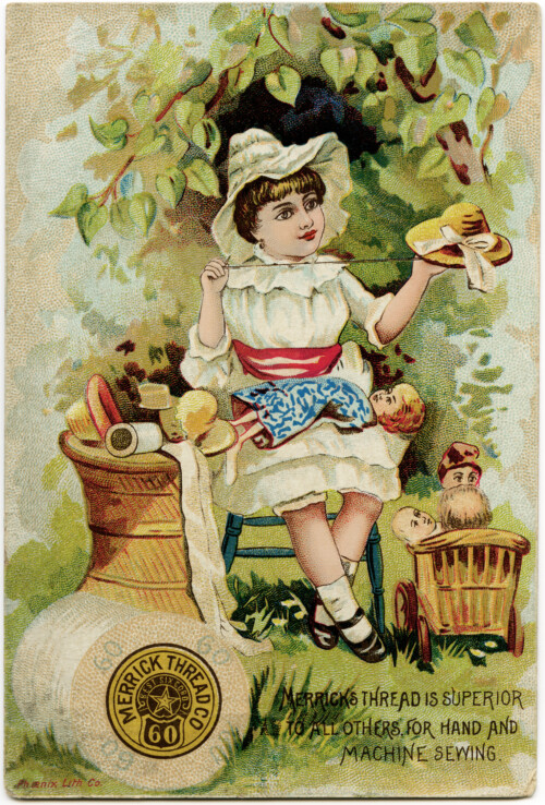 vintage trade card, merrick thread, victorian ad card, girl sewing, vintage sewing, sewing card