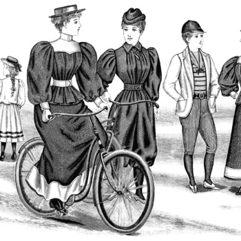 vintage bicycle outfits, Victorian fashion illustration, black and white clipart, antique bike image, printable digital graphics