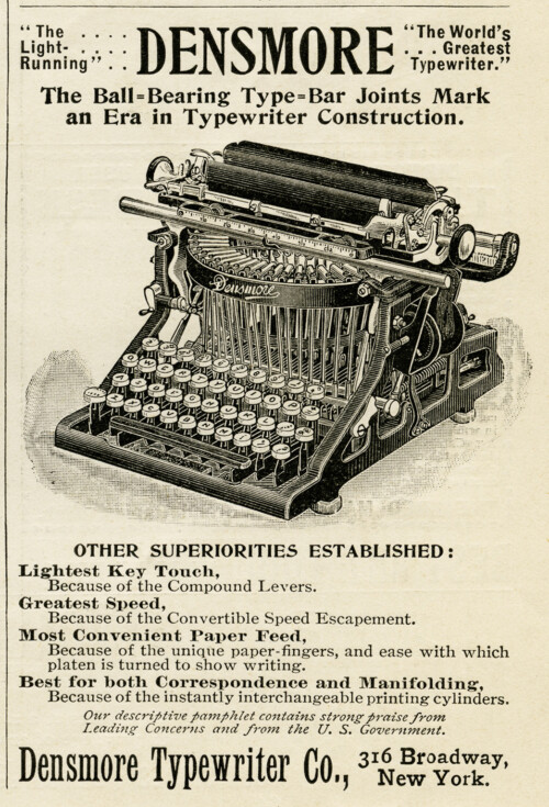 Free vintage clip art Densmore typewriter magazine advertisement