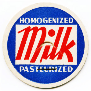 Here is a red, white and blue vintage milk bottle cap for homogenized pasteurized milk.