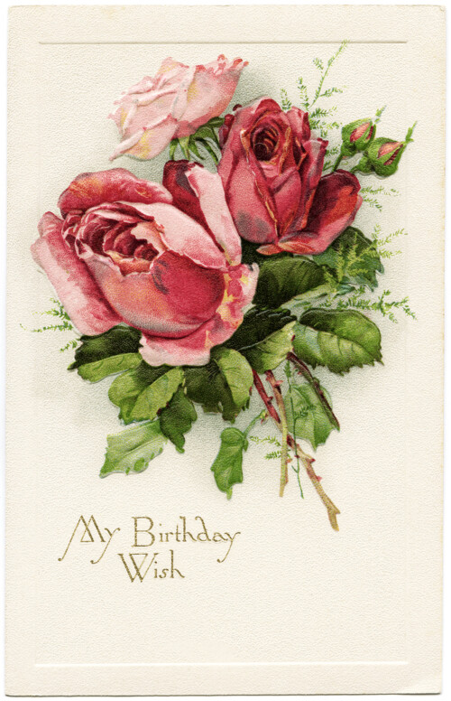Free vintage clip art birthday postcard roses