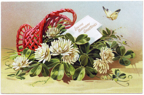 Free vintage clip art basket of clover tipped over butterfly above Tuck postcard