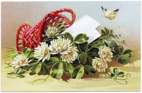 Free vintage clip art basket of clover tipped over butterfly above Tuck postcard