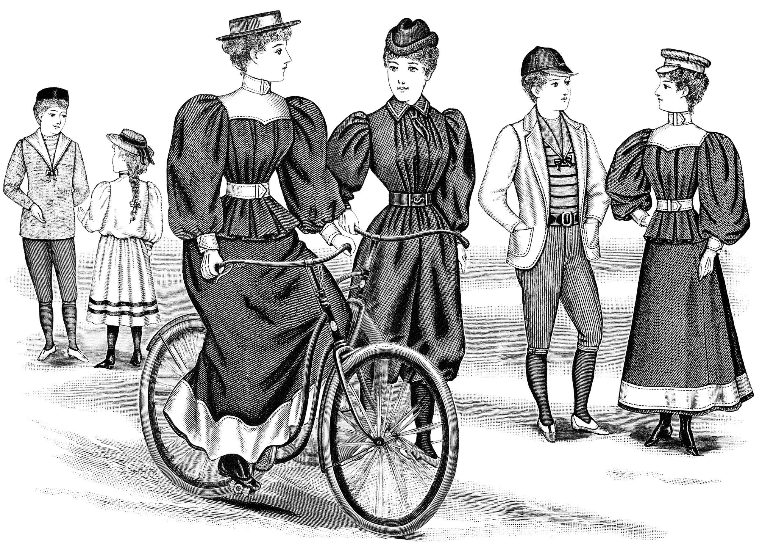 vintage bicycle outfits, Victorian fashion illustration, black and white clipart, antique bike image, printable digital graphics