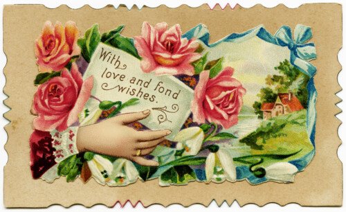 Free vintage clip art Victorian calling card hand roses fond wishes