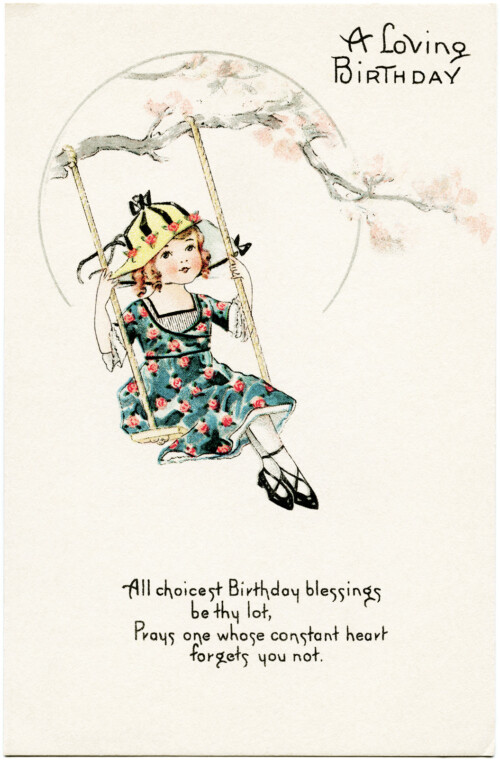Free vintage clip art girl on swing birthday postcard