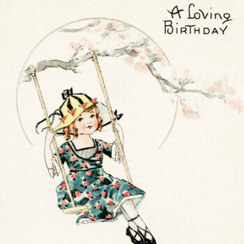 Free vintage clip art girl on swing birthday postcard