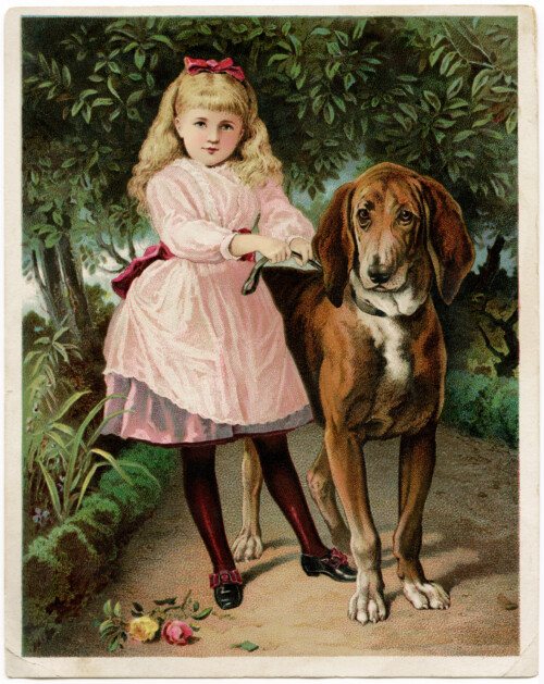 Free vintage clip art girl in pink dress walking large dog Victorian trade card
