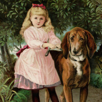 Free vintage clip art girl in pink dress walking large dog Victorian trade card