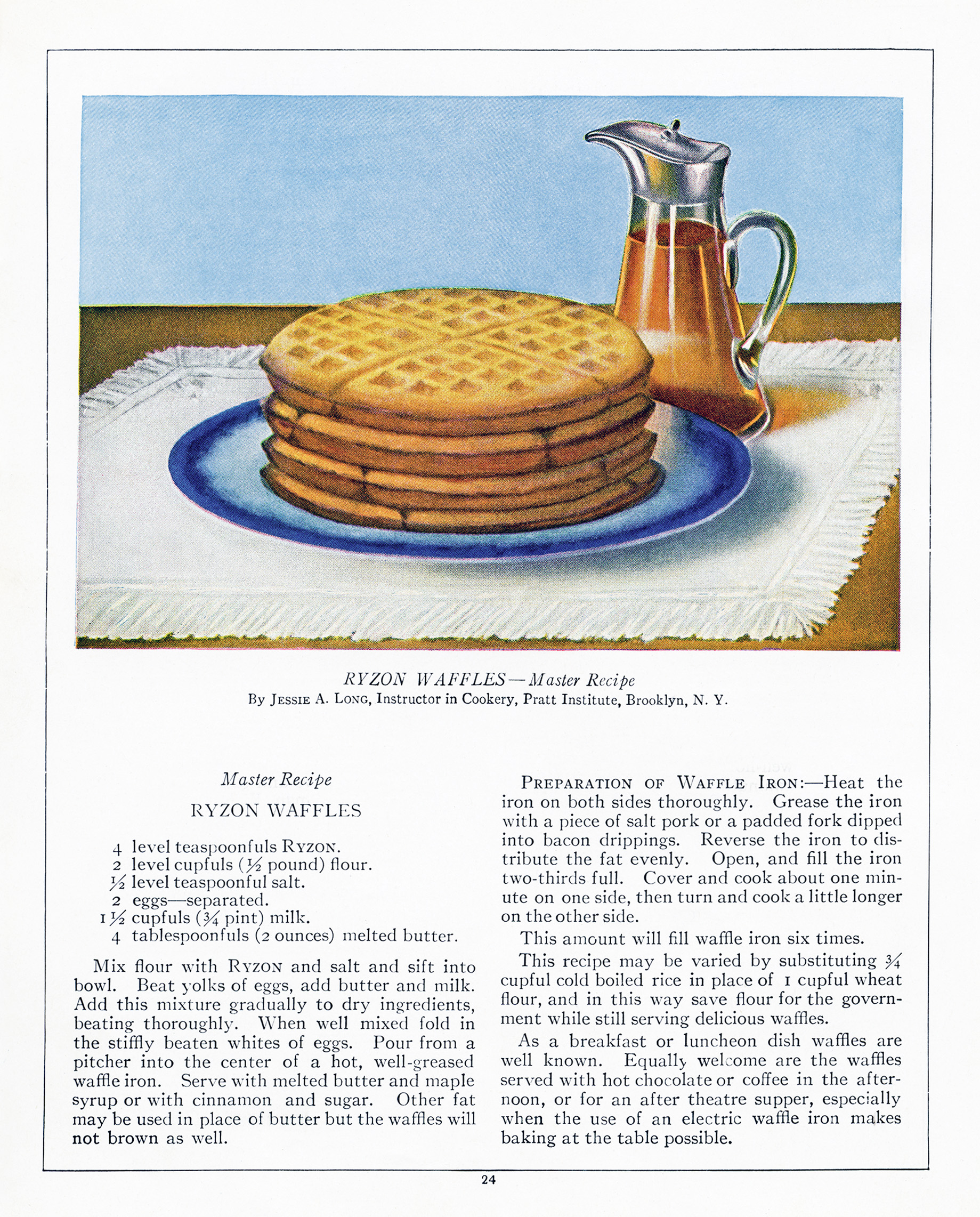 ryzon waffle recipe, old fashioned waffles, antique cookbook page, vintage breakfast image, plate of waffles clip art