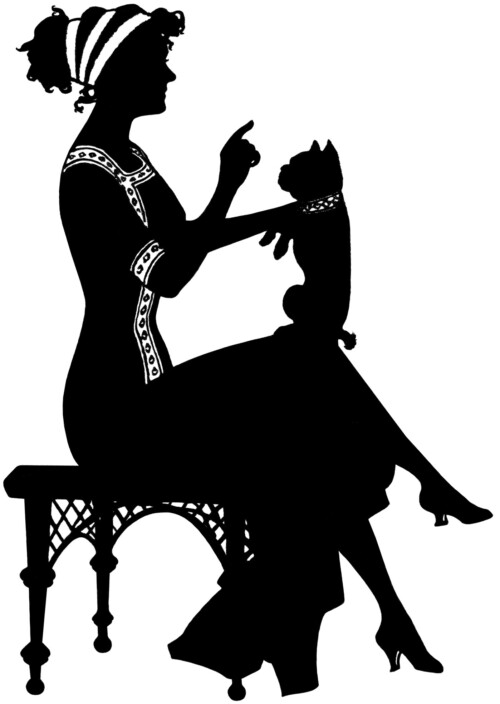 Free vintage clip art silhouette of lady teaching dog