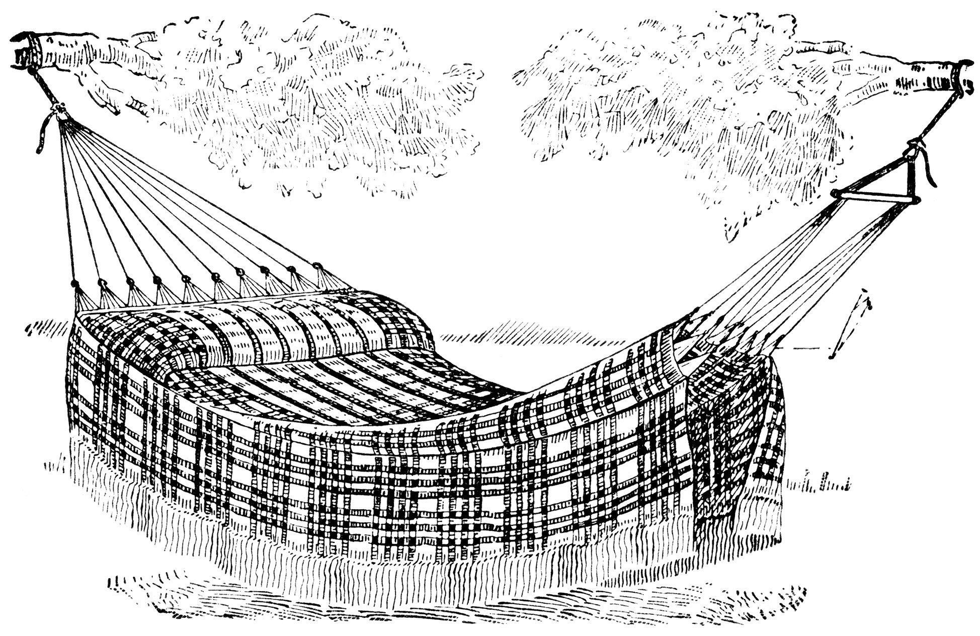 vintage hammock clip art, black and white clipart, vintage summer graphics, old fashioned plaid hammock, outdoor bed illustration