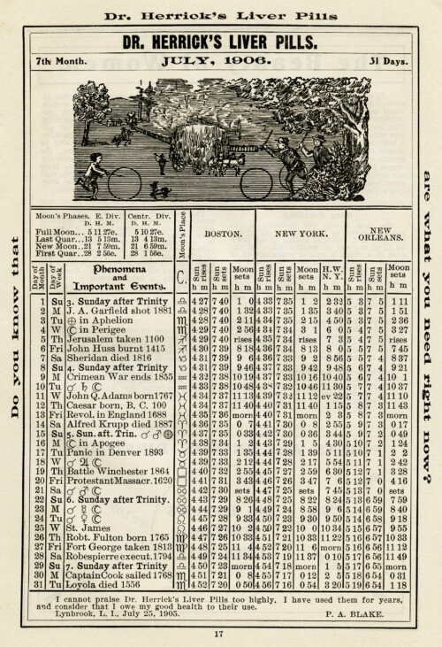 Herrick's Almanac July 1906 free printable vintage ephemera