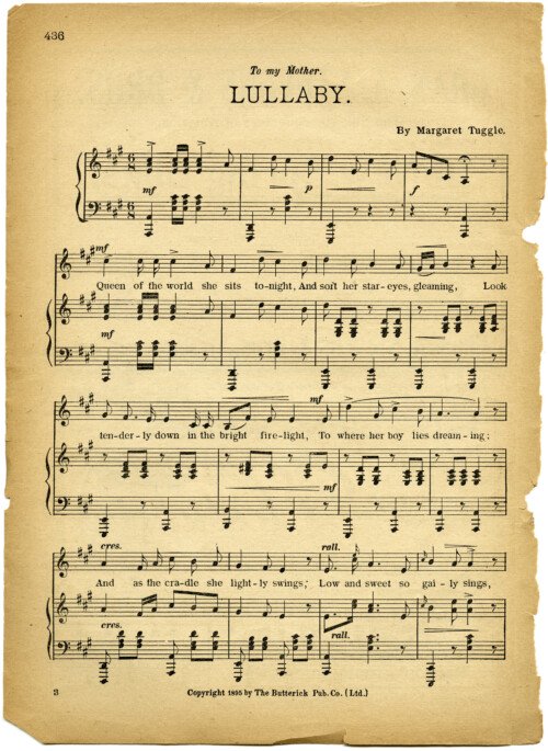 lullaby sheet music, vintage lullaby, margaret tuggle, shabby aged paper, free digital sheet music