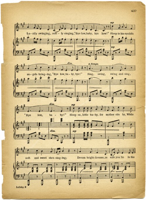 lullaby sheet music, vintage lullaby, margaret tuggle, shabby aged paper, free digital sheet music