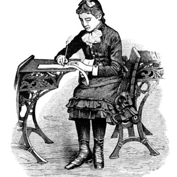 Free Victorian school girl black and white vintage clip art illustration