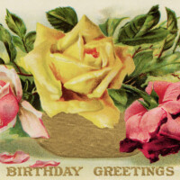 Free vintage clip art birthday postcard yellow pink roses
