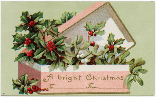 vintage Christmas postcard,  old fashioned christmas card, box of holly and berry, antique holiday image, pink and green christmas graphic