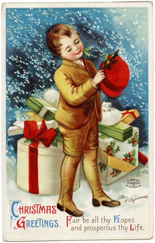 Free vintage printable Ellen Clapsaddle Christmas boy with gifts