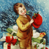 Free vintage clip art Christmas postcard Ellen Clapsaddle boy pinning holly and berries to hat