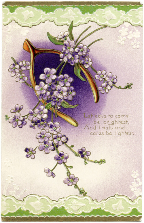 Free vintage clip art wishbone flowers green purple postcard