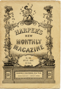 harpers new monthly magazine, aged book cover, shabby digital page, old paper image, antique yellowed vintage ephemera
