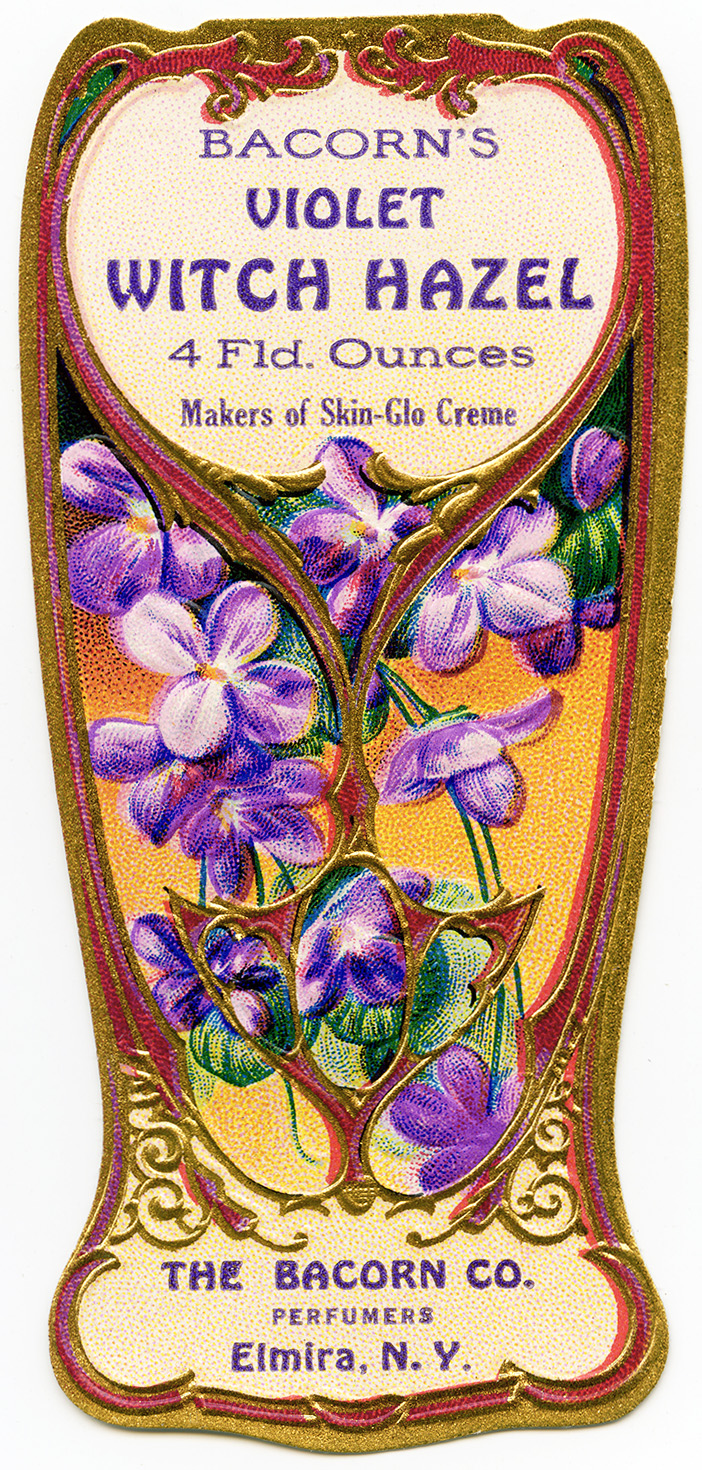 vintage perfume label, bacorn's violet witch hazel, old fashioned beauty label, purple flowers, antique perfume graphics